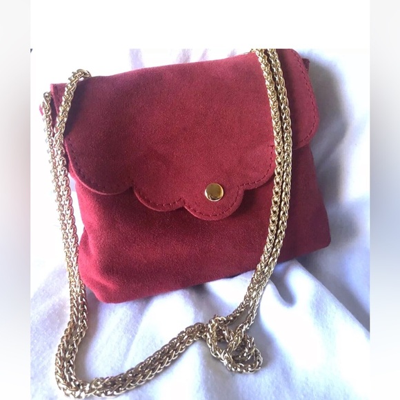 Genuine Suede Shoulder bag Red Scalloped Gold Chain Strap Italy - Picture 13 of 14